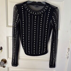 Moa Moa Pearl Sheer Long Sleeve Jewels Mesh Black Embellished Size L